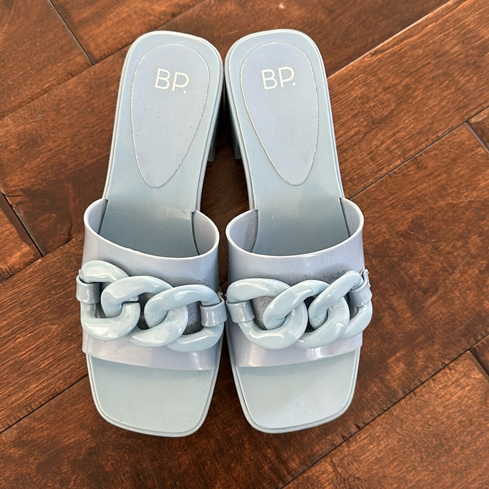 BP Rubber Sandal with a 2inch chunky heel in a powder blue color